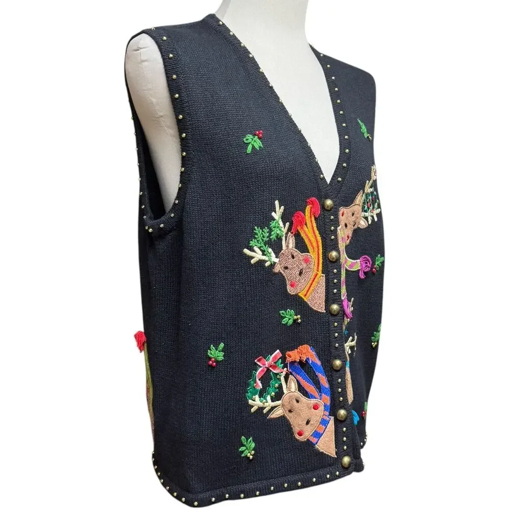 Hampshire Studio Snow Sweater Vest Reindeer Black XL